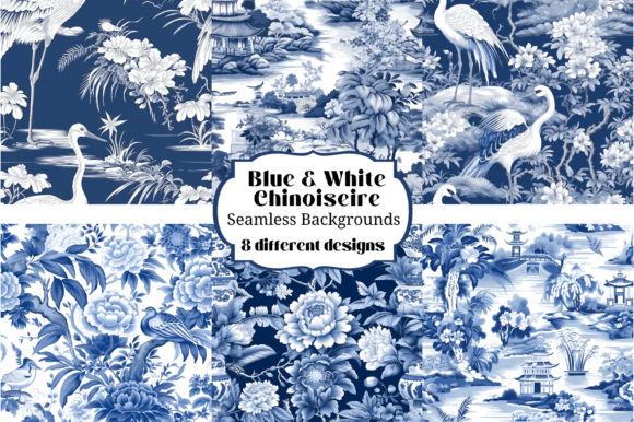 Blue & White Chinoiserie Backgrounds: 8 Seamless Patterns
